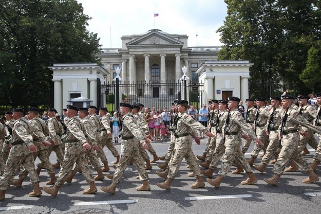 Polish troops marching in Warsaw on Armed Forces Day on August 15, 2014
