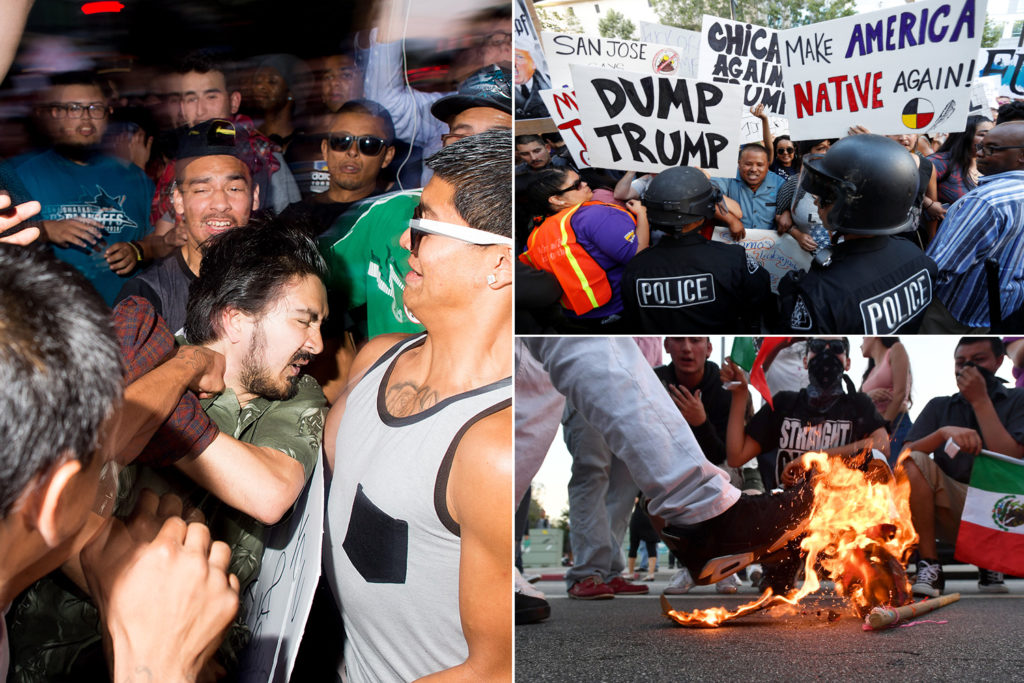 collage of photos of violent anti-Trump acts in San Jose, California, punch being thrown, anti-American signs and Trump hat being burned