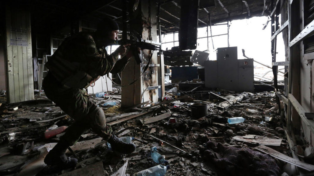 Ukrainian soldier in ruins of Donetsk Airport
