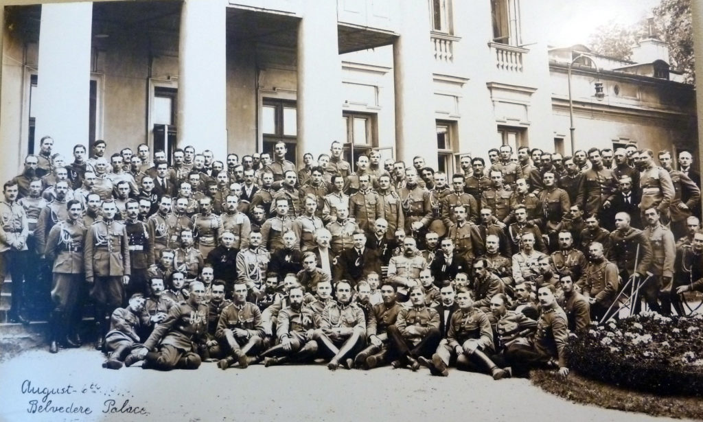 Hoover, Paderewski, Piłsudski, Gibson, others and Polish Army officers in front of the Belvedere Palace in Warsaw in August 1919