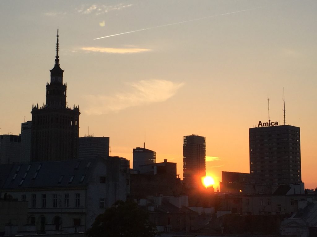 Downtown Warsaw Poland at sunset
