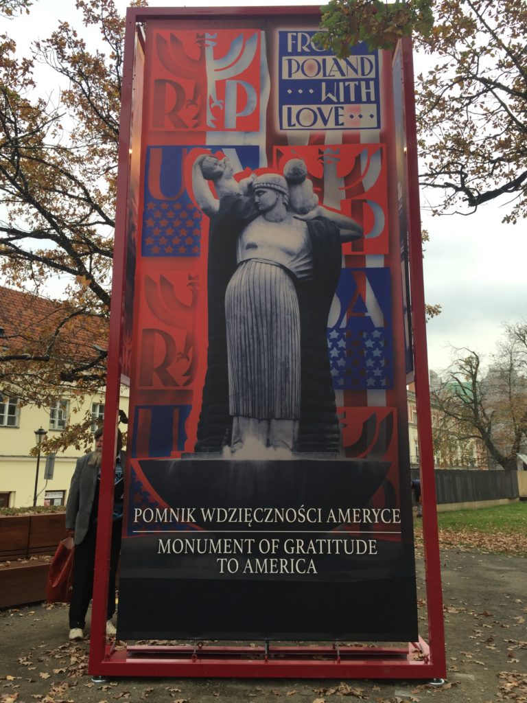 Display Panel on Herbert Hoover Square with Image of the Gratitude to America Monument part of the From Poland With Love exhibit in Warsaw, Poland